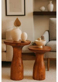 Resim Modern Tarz Masif Ahşap Sehpa Seti 2 Li Fındık Renk Yan Zigon Kahverengi 