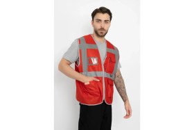 Resim Fosforlu Isimlikli Ikaz Yeleği Fermuarlı Kapaklı Cepli (Mühendis Tipi Kalın) Çift Renk Kırmızı 