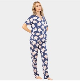 Resim Türen Yaprak Desenli Kısa Kollu Gömlek Yaka Pijama Takımı 3355/lacivert Lacivert 