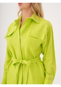 Resim Kuşaklı Düz Form Keten Ceket Fıstık 