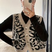 Resim Kadınlar İçin Leopar Desenli Kolsuz V Yaka Blazer Ceket - Tek Sıra Düğmeli Kollu Ön Açık Kazak, Bej//Siyah/Kahverengi Tonlar, İlkbahar-Yaz Günlük ve Ofis Giyimi, Çok Yönlü Katman Parça (Kemer Hariç) 
