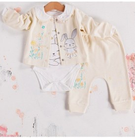 Resim 3-9 Ay Kız Bebek Takımı Tavşan Çiçekli 3'lü Hırkalı Krem Krem 