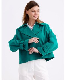 Resim Pastelastore %100 Pamuk Gabardin Astarlı Oversize Geniş Kalıp Kadın Crop Kısa Trençkot 1122 Zümrüt Yeşili 