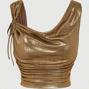 Resim Şık Altın Metalik Kadın Cami Üst - Kolsuz, Büzgülü Tasarım ve Bağlama Detayı, Polyester & Elastan Karışımı, Makinede Yıkanabilir, Yaz Partileri İçin Mükemmel, Yaz Parti Üstü | Bağlama Omuz Üstü | Elastan Kumaş 