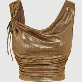 Resim Şık Altın Metalik Kadın Cami Üst - Kolsuz, Büzgülü Tasarım ve Bağlama Detayı, Polyester & Elastan Karışımı, Makinede Yıkanabilir, Yaz Partileri İçin Mükemmel, Yaz Parti Üstü | Bağlama Omuz Üstü | Elastan Kumaş 