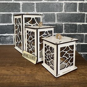 Resim 3'lü Mini Ahşap Dekoratif Süs Fener Seti Asimetrik Motif (Beyaz) 