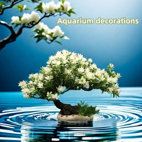 Resim Beyaz Çiçeklerle Yapay Bonsai Ağacı - Balık Tankı Peyzajı İçin ABS Plastik Akvaryum Dekorasyonu, Serin ve Doğal Bir Akvaryum Peyzajı Yaratmak İçin İdeal, Serin Peyzaj | Detaylı Dalalar, Bonsai Ağacı 
