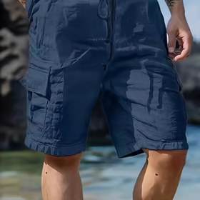 Resim Erkekler için Lacivert Kargo Şortlar Cepli - Günlük Yaz Stili, Polyester Kumaş, İpli Bel, Makinede Yıkanabilir, Plaj veya Dış Mekan Aktiviteleri İçin Rahat, Dış Giyim | Yaz Modası | Polyester Şort 