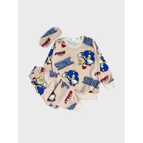Resim Aliş Kids Erkek Çocuk Pamuklu Bej Rengi Sonic Desen Uzun Kollu Gözlük Bantlı Mevsimlik Pijama Takımı 