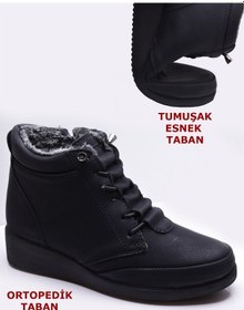 Resim 210 Ortopedik Taban Lastik Bağcıklı İçi Kürklü Siyah Anne Botu Kadın Bot Ayakkabı Siyah 