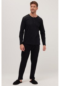Resim Tudors Erkek Standart Fit Normal Kesim %100 Pamuk Bisiklet Yaka Beli Lastikli Siyah Pijama Takımı-37947 Siyah 