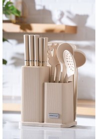 Resim Acar Cooper 12 Parça Standlı Kesme Tahtası Servis Ve Bıçak Seti Krem 