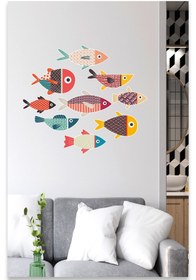 Resim Renkli Desenli Balıklar Dekoratif Çok Amaçlı Banyo, Dolap, Duvar Sticker - 65x56 cm / Karışık Renkli / Deniz Canlıları 