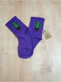 Resim 2 Çift Kaktüs Desenli Pamuklu Yumuşak Dikişsiz Çorap Arakonç Kadın Yeşil Ve Mor Soket Çorabı 36-40 Renkli 