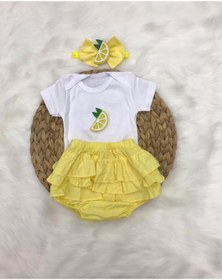 Resim ŞAPKAKİDS Kız Bebek Sarı Şort Limon Desen Zıbın Bandana Set 