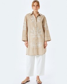 Resim Koton Pamuklu Floral İşleme Detaylı Gömlek Yaka Uzun Oversize Tunik Kahverengi Desenli 5sak60009ew Kahverengi Desenli 