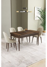 Resim Ikon Barok Desen 80x132 Mdf Açılabilir Yemek Masası Takımı 4 Adet Sandalye Krem 