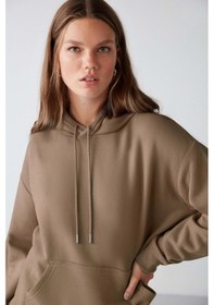 Resim Grimelange Adel Kadın Organik Pamuklu Içi Polarlı Yumuşacık Relaxed Kanguru Cepli Kapüşonlu Vizon Sweatshirt 