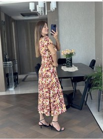 Resim Forlady Sarı Desenli Prenses Kol Yırtmaçlı Bürümcük Kadın Elbise - Sarı 
