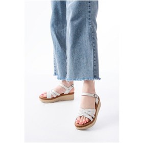 Resim 730-138 Beyaz Örgü Hakiki Deri Ortopedik Taban Kadın Sandalet Bej 