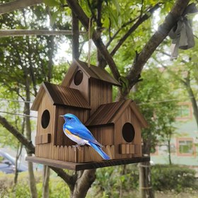 Resim 1 Asılı Kuş Yuvası - Giriş/Çıkış Noktalı Üç Odalı Ev, Doğal Ahşap Yapı, Mavi Kuşlar ve Küçük Kuşlar İçin Geniş İç Mekan - Zincirli Kolay Montaj - Bahçe, Teras, Kırsal Kuş Yaşam Alanı - Elektriksiz Dayanıklı Kuş Barınağı, Görünür Ahşap Desen, Arka Bahçe Kuş Dekoru 