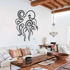 Resim BONPERLA Karmaşık Metal Ahtapot Duvar Sanatı - Sahil Evi, Banyo, Oturma Odası için Kabile Okyanusu Deniz Dekoru - Eşsiz Denizcilik Siyah Metal Heykel (60 cm x 45 cm) 