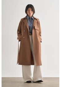 Resim Mizalle Premium Pamuk Karışımlı Kahverengi Uzun Trençkot Kahverengi 