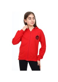 Resim Toontoy Kız Çocuk Kapüşonlu Fermuarlı Düşük Omuz Nakış Baskılı Yırtmaç Detaylı Örme Hırka - 3 İplik Şardonsuz Kırmızı 