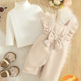 Resim 2025 Yeni Stil Kızlar Bahar ve Sonbahar Düz Renk Çok Yönlü Düzensiz Kabartmalı Yüksek Yaka Kazak Üstü Küçük Uçan Kollu, Yay Askılı Uzun Pantolon, Sıcak ve Sevimli Rahat Kıyafet Dışarı Çıkma İçin Uygun, Dış Mekan İçin 