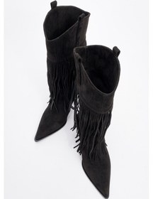 Resim Luvi Shoes Gueras Siyah Süet Püsküllü Sivri Burun Kadın Topuklu Çizme Sıyah Suet 