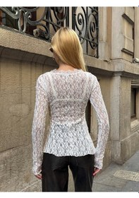 Resim Mamayaga Kadın Bisiklet Yaka Full Esnek Dantel Bürümcük Spor Şık Tasarım Asimetrik Kesim Gece Bluzu Beyaz 