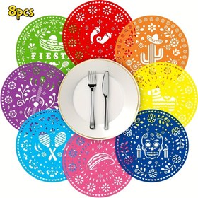 Resim Set of 8 Felt Table Mats for The Festival, 6 adet Yuvarlak Meksika Masa Örtüleri, Ölüler Günü Parti Malzemeleri ve Masa Dekorasyonu için Uygun. 