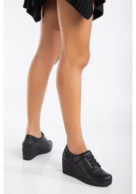 Resim Dilimler Ayakkabı Dolgu Taban Cırtlı Elastik Bant Siyah Kadın Günlük Ayakkabı-3132-siyah Siyah 