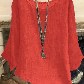 Resim Kadınların Büyük Beden Rahat Yaka T-Shirt'i - Kırmızı, Uzun Kollu, Büyük Boy, Esnek Olmayan, Yırtıcı Kenar, Bahar/Yaz/Sonbahar Üstü, Rahat Uygunluk, Günlük Giyim|Büyük Boy Üst|Rahat Uygunluk, Büyük Beden Gömlekler 