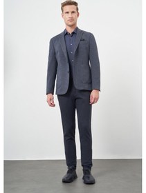 Resim İmza Lacivert Ekose Desen Örme Mono Yaka Astarsız Çift Yırtmaç 2 Düğme 6 Drop Slim Fit Casual Ceket 1002245152 Lacivert 