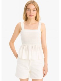 Resim Kadın Krinkıl Viskon Kalın Askılı Gipeli Volan Detaylı Yazlık Bluz Yazlık Ve Rahat Kombin Parçası Beyaz 