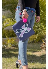 Resim Mavi Fiyonk Kurdeleli Pul Payetli Ponponlu Portföy Clutch Makyaj El Çantası 25x28 Cm Renkli 
