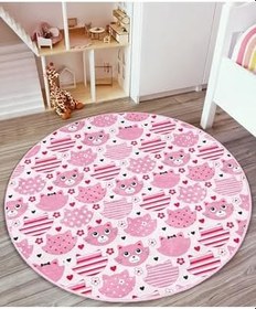 Resim RealHomes Pembe Kedi Figürlü Baskılı Çocuk & Genç Odası Makinede Yıkanabilir Kaymaz Taban Yuvarlak Kadife Halı HaliYuv-Comfort-891, 180 x 180 