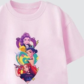 Resim Monila Kız Çocuk Pamuklu Bisiklet Yaka Huntrix Baskılı T-shirt Pembe 