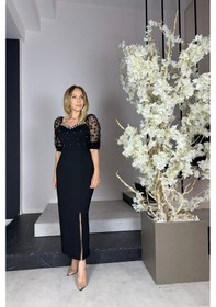 Resim Ges Moda G1032 Kalp Yaka İnci Detaylı Abiye Elbise Siyah-siyah 
