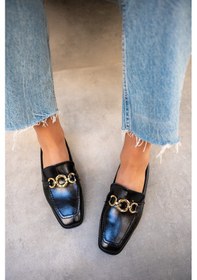 Resim Biens Siyah Deri Kadın Düz Taban Gold Detaylı Ayakkabı Siyah 