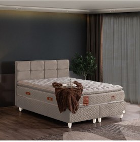 Resim Gümüş Çift Kişilik Baza Başlık Real Pedli Yatak Seti Krem 150 x 200 