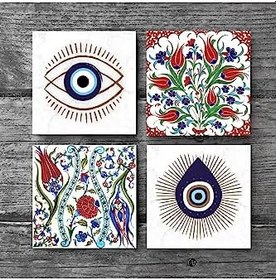Resim Nazar, Çini Sanatı Lale Taş Bardak Altlığı Seti - 4 Parça - Dekoratif, Rustik Mutfak Aksesuarı, 10x10 cm, Kaydırmaz Tabanlı, Şık ve Dayanıklı SC415 