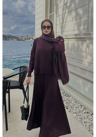 Resim Carell Şuranur Bilgin'in Tercihi Fitilli Triko Etekli Takım Mürdüm Çok Renkli 