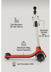 Resim Led Işıklı Silikon 3 Tekerli Katlanabilir Yükseklik Ayarlı 50kg Taşıma Kapasiteli Çocuk Scooter Kırmızı 