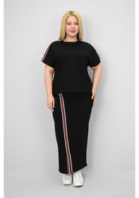 Resim Koza Butik Kadın Büyük Beden Kısa Kollu Şeritli Etek Takım 8204-25 