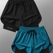 Resim Kadınlar için Yürüyüş ve Boş Zaman için Uygun, Sahte İki Parça Katmanlı Tasarım Yansıtan 2'li Yazlık Spor Şort Seti 