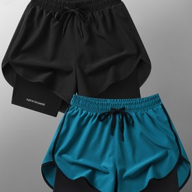 Resim Kadınlar için Yürüyüş ve Boş Zaman için Uygun, Sahte İki Parça Katmanlı Tasarım Yansıtan 2'li Yazlık Spor Şort Seti 