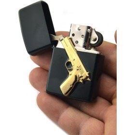 Resim Anahtarlık Sepeti 14 Lü Tabanca Rölyefli Gold Görünümlü Benzinli Çakmak 