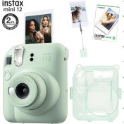 Resim Fujifilm Instax Mini 12 Yeşil Fotoğraf Makinesi - 10'lu Film - Kıskaçlı Resim Standı ve Simli Pleksi Kılıf Seti 